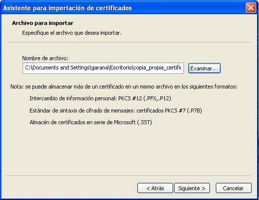 Seleccionar certificado a importar