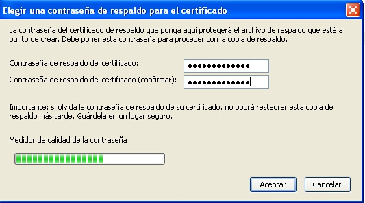 Password de acceso al certificado